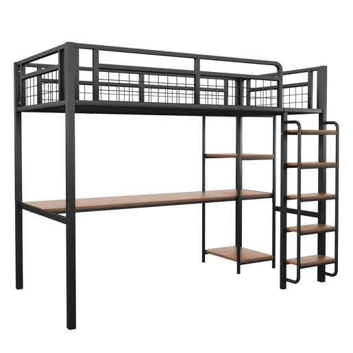 Cama alta de metal 90x200 cm - com secretária e escada de segurança - Preto