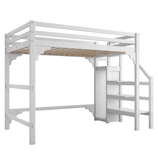 Cama alta com roupeiro - 140x200 cm - com estrado de molas - Branco Cama alta com roupeiro - 140x200 cm - com estrado de molas - Branco