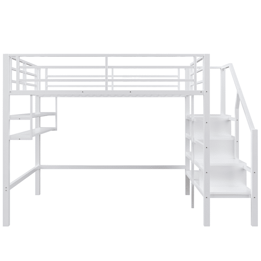 Cama alta metálica 140x200 cm - com prateleira e escada de arrumação - Branco