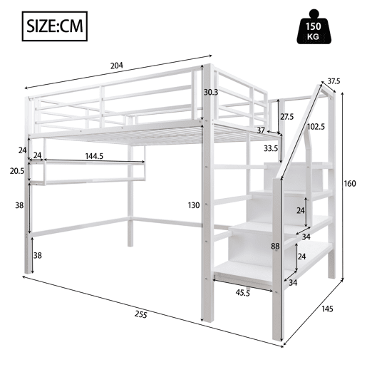 Cama alta metálica 140x200 cm - com prateleira e escada de arrumação - Branco