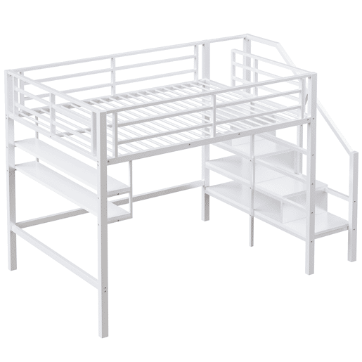 Cama alta metálica 140x200 cm - com prateleira e escada de arrumação - Branco