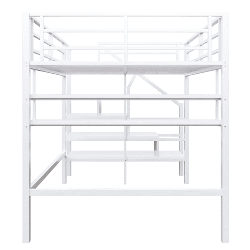 Cama alta metálica 140x200 cm - com prateleira e escada de arrumação - Branco