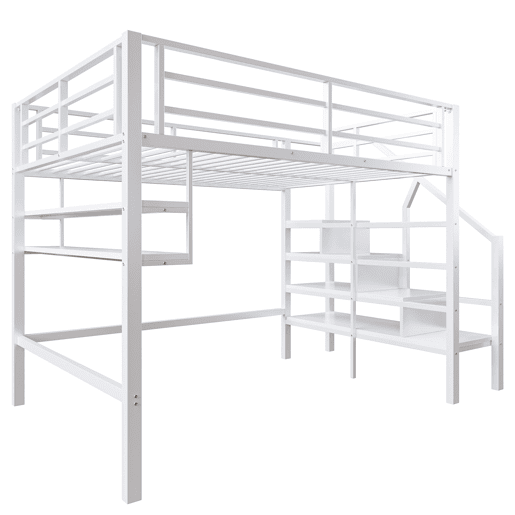 Cama alta metálica 140x200 cm - com prateleira e escada de arrumação - Branco