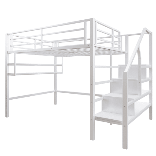 Cama alta metálica 140x200 cm - com prateleira e escada de arrumação - Branco