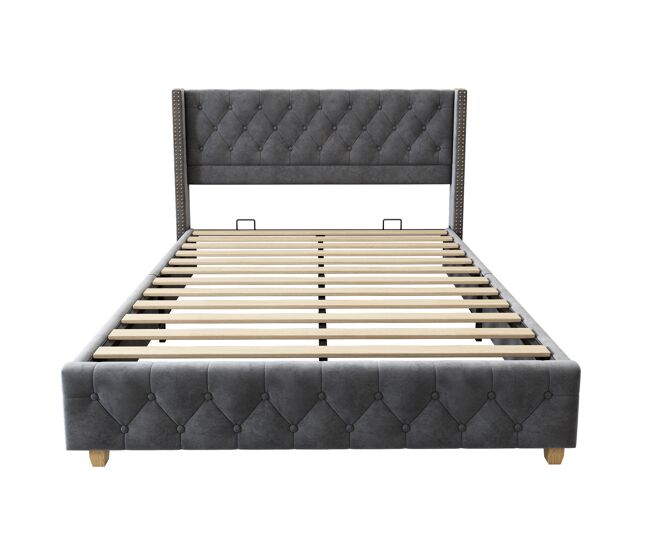 Cama para adultos acolchada de terciopelo - 140x190 cm - con somier - gris