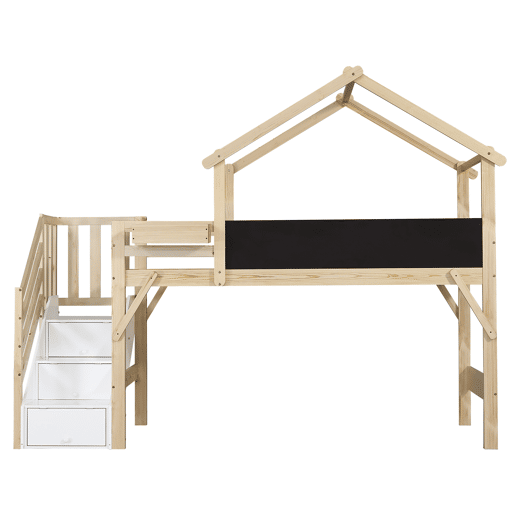 Cama mezzanine em madeira 90x200 cm - com ardósia e escada de arrumação - Natural