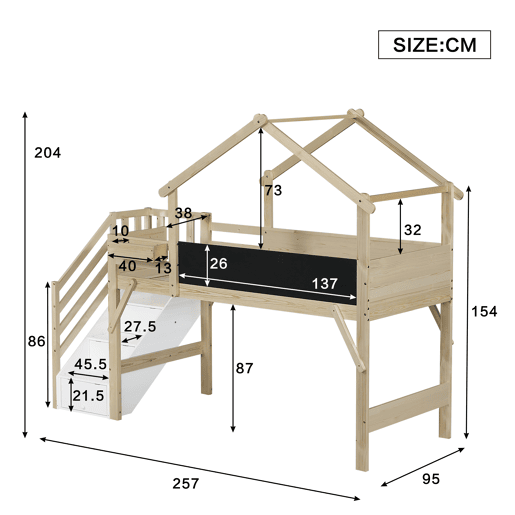 Cama mezzanine em madeira 90x200 cm - com ardósia e escada de arrumação - Natural