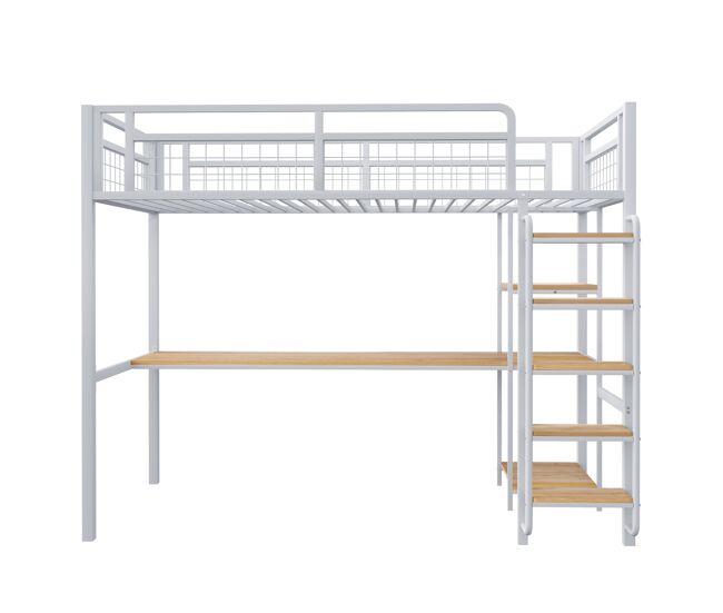 Cama alta de metal 90x200 cm - con escritorio y escalera de seguridad - blanco