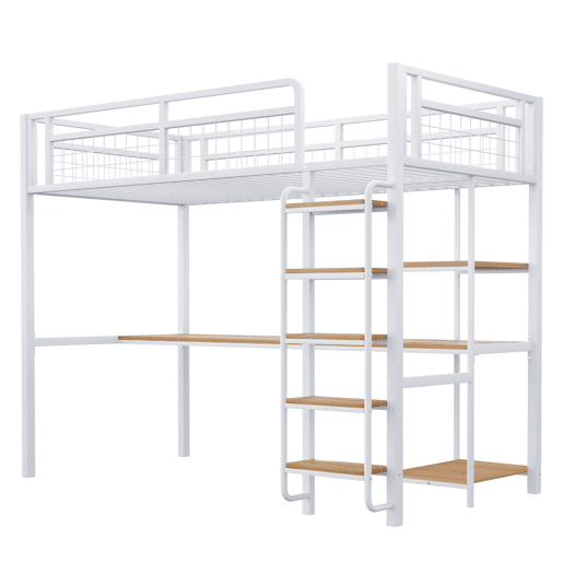 Cama alta metálica 90x200 cm - com secretária e escada de segurança - Branco