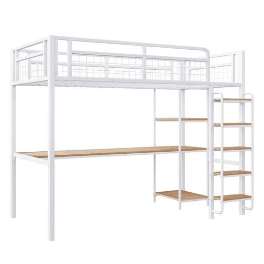 Cama alta metálica 90x200 cm - com secretária e escada de segurança - Branco