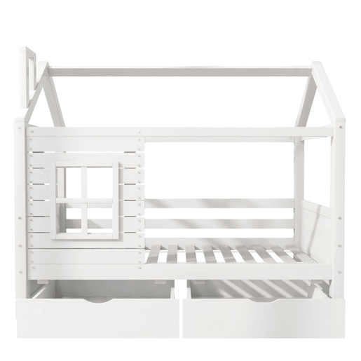 Beliche 90x200 cm com 2 gavetas - forma de casa - madeira maciça - Branco