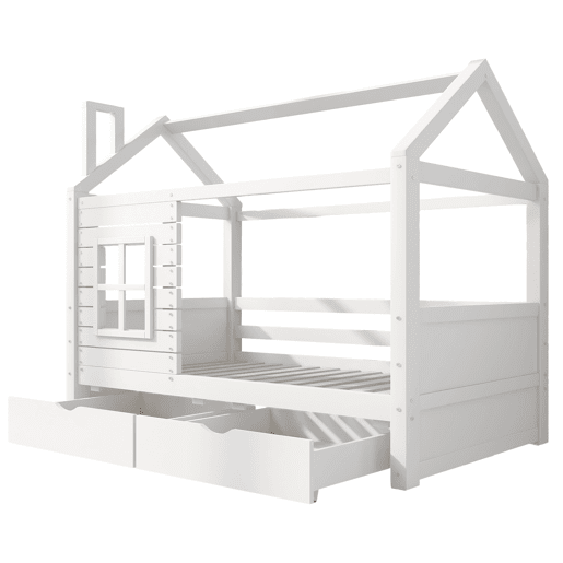Beliche 90x200 cm com 2 gavetas - forma de casa - madeira maciça - Branco