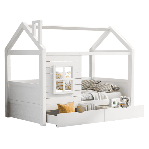 Beliche 90x200 cm com 2 gavetas - forma de casa - madeira maciça - Branco