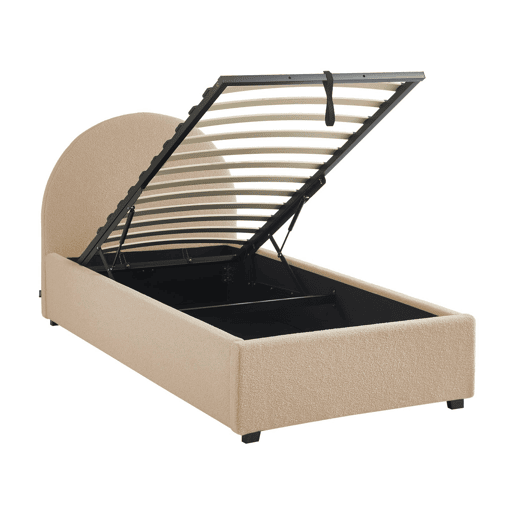 Cama com base de ripas e cabeceira 90cm, acabamento boucle, Cameron, Nudez, 206x104x102 cm