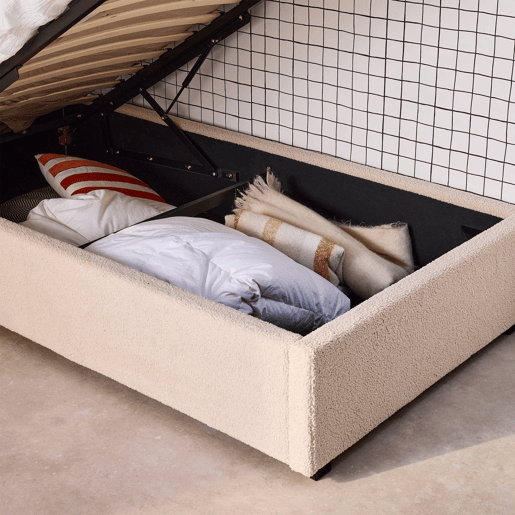 Cama com base de ripas e cabeceira 90cm, acabamento boucle, Cameron, Nudez, 206x104x102 cm