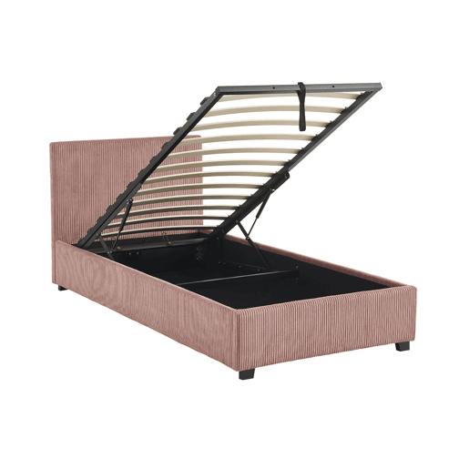Cama com base de ripas e cabeceira 90cm, veludo canelado fino, Avalon, Rosa, 202x97.5x86 cm