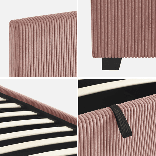 Cama com base de ripas e cabeceira 90cm, veludo canelado fino, Avalon, Rosa, 202x97.5x86 cm