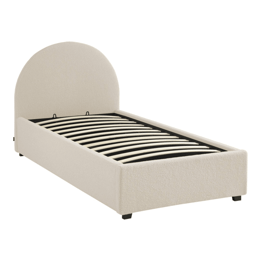 Cama com base de ripas e cabeceira 90cm, acabamento boucle, Cameron, Branco, 206x104x102 cm