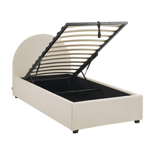 Cama com base de ripas e cabeceira 90cm, acabamento boucle, Cameron, Branco, 206x104x102 cm