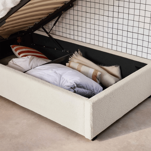 Cama com base de ripas e cabeceira 90cm, acabamento boucle, Cameron, Branco, 206x104x102 cm