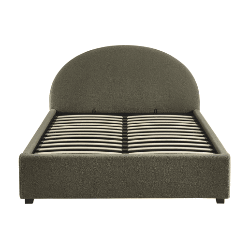 Cama com base de ripas e cabeceira 140cm, acabamento boucle, Cameron, Verde caqui, 206x153.5x102 cm