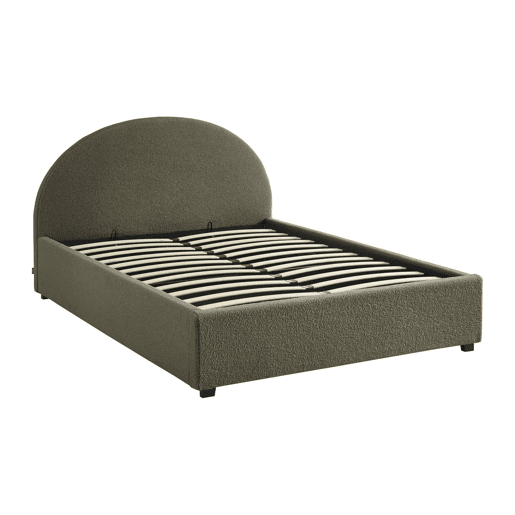 Cama com base de ripas e cabeceira 140cm, acabamento boucle, Cameron, Verde caqui, 206x153.5x102 cm