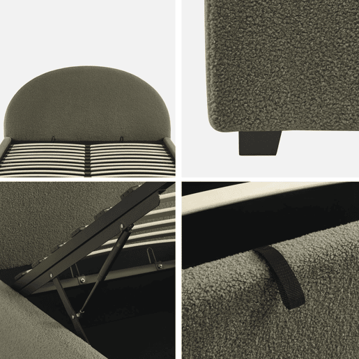 Cama com base de ripas e cabeceira 140cm, acabamento boucle, Cameron, Verde caqui, 206x153.5x102 cm