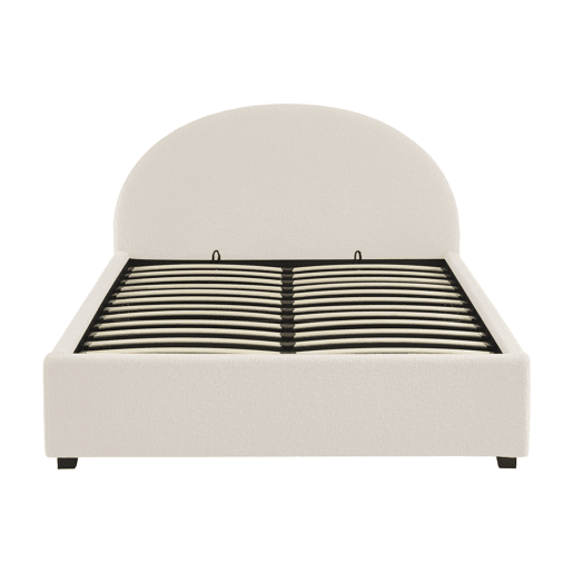 Cama com base de ripas e cabeceira 140cm, acabamento boucle, Cameron, Branco, 206x153.5x102 cm