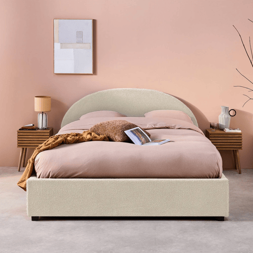 Cama com base de ripas e cabeceira 140cm, acabamento boucle, Cameron, Branco, 206x153.5x102 cm
