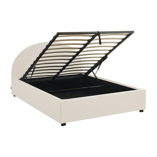 Cama com base de ripas e cabeceira 140cm, acabamento boucle, Cameron, Branco, 206x153.5x102 cm