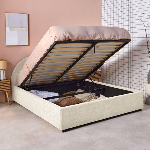 Cama com base de ripas e cabeceira 140cm, acabamento boucle, Cameron, Branco, 206x153.5x102 cm