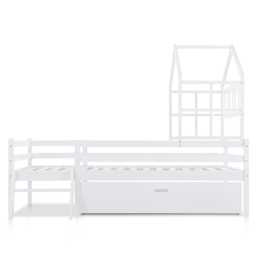 Cama de cabina 90x200cm - madeira maciça - com escada + gavetas + proteção anti-queda - Branco