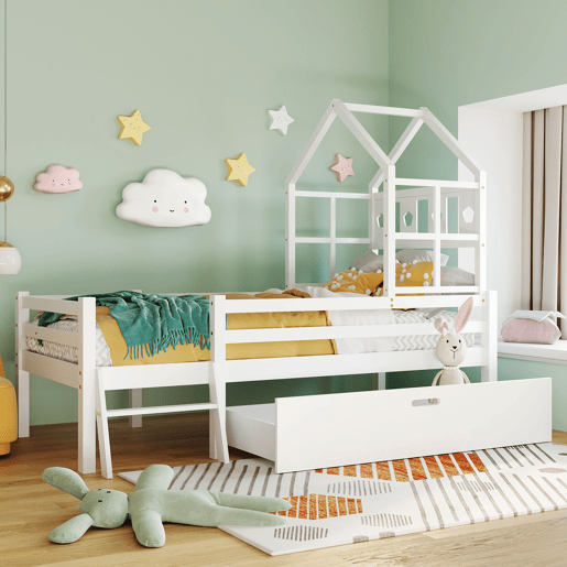 Cama de cabina 90x200cm - madeira maciça - com escada + gavetas + proteção anti-queda - Branco