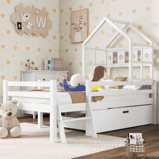Cama de cabina 90x200cm - madeira maciça - com escada + gavetas + proteção anti-queda - Branco