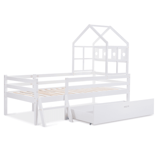 Cama de cabina 90x200cm - madeira maciça - com escada + gavetas + proteção anti-queda - Branco