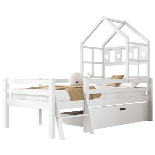 Cama de cabina 90x200cm - madeira maciça - com escada + gavetas + proteção anti-queda - Branco