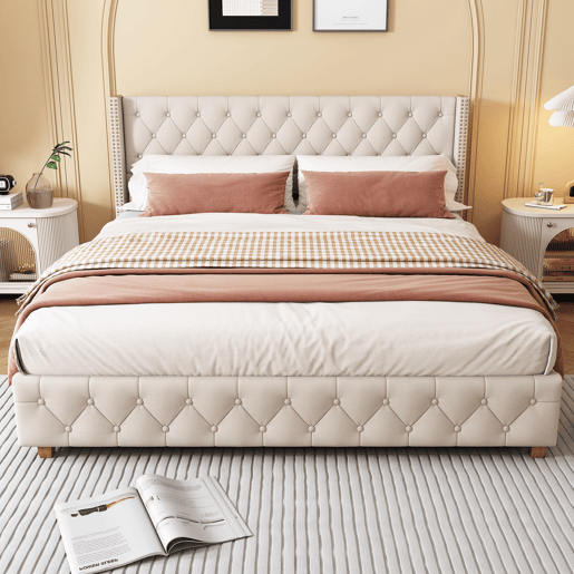 Cama de adulto estofada em linho - 140x190 cm - com estrado de molas - Bege