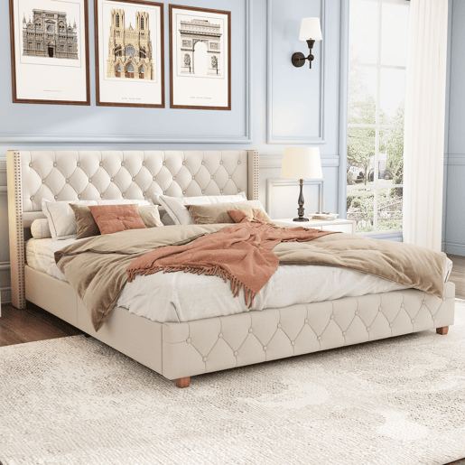 Cama de adulto estofada em linho - 140x190 cm - com estrado de molas - Bege