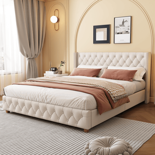 Cama de adulto estofada em linho - 140x190 cm - com estrado de molas - Bege