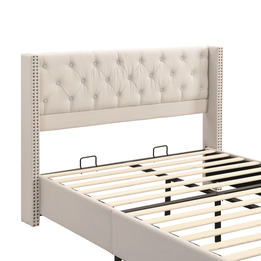 Cama de adulto estofada em linho - 140x190 cm - com estrado de molas - Bege
