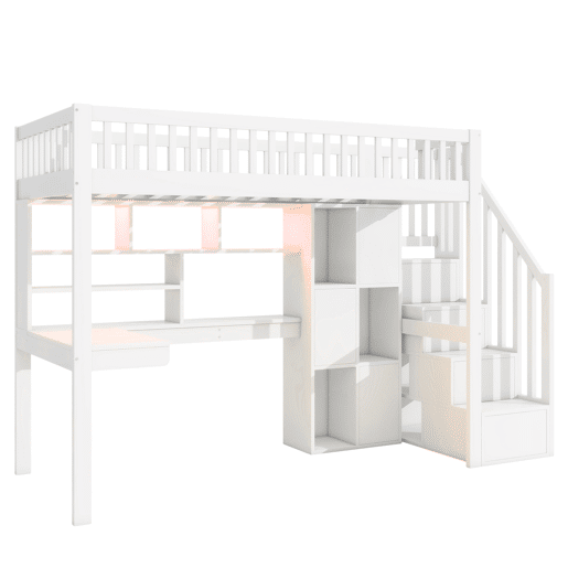 Cama alta em madeira 90x200 cm - secretária com LED e escada de arrumação - Branco