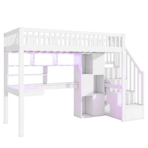 Cama alta em madeira 90x200 cm - secretária com LED e escada de arrumação - Branco