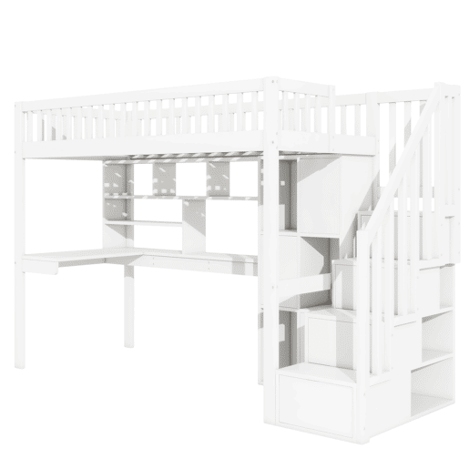 Cama alta em madeira 90x200 cm - secretária com LED e escada de arrumação - Branco