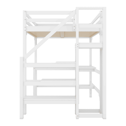 Cama alta de madeira 140x200 cm - com secretária, roupeiro e estrado - Branco