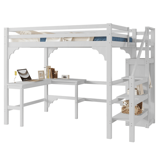Cama alta de madeira 140x200 cm - com secretária, roupeiro e estrado - Branco