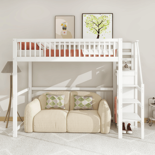 Cama mezzanine em madeira 90x200cm - com roupeiro - Branco Cama mezzanine em madeira 90x200cm - com roupeiro - Branco
