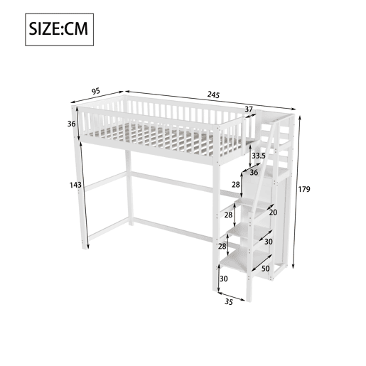 Cama mezzanine em madeira 90x200cm - com roupeiro - Branco Cama mezzanine em madeira 90x200cm - com roupeiro - Branco