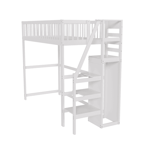 Cama mezzanine em madeira 90x200cm - com roupeiro - Branco Cama mezzanine em madeira 90x200cm - com roupeiro - Branco