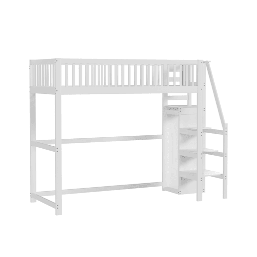Cama mezzanine em madeira 90x200cm - com roupeiro - Branco Cama mezzanine em madeira 90x200cm - com roupeiro - Branco
