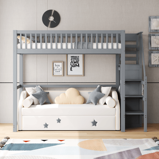 Cama mezzanine em madeira 90x200cm - com roupeiro - Cinzento